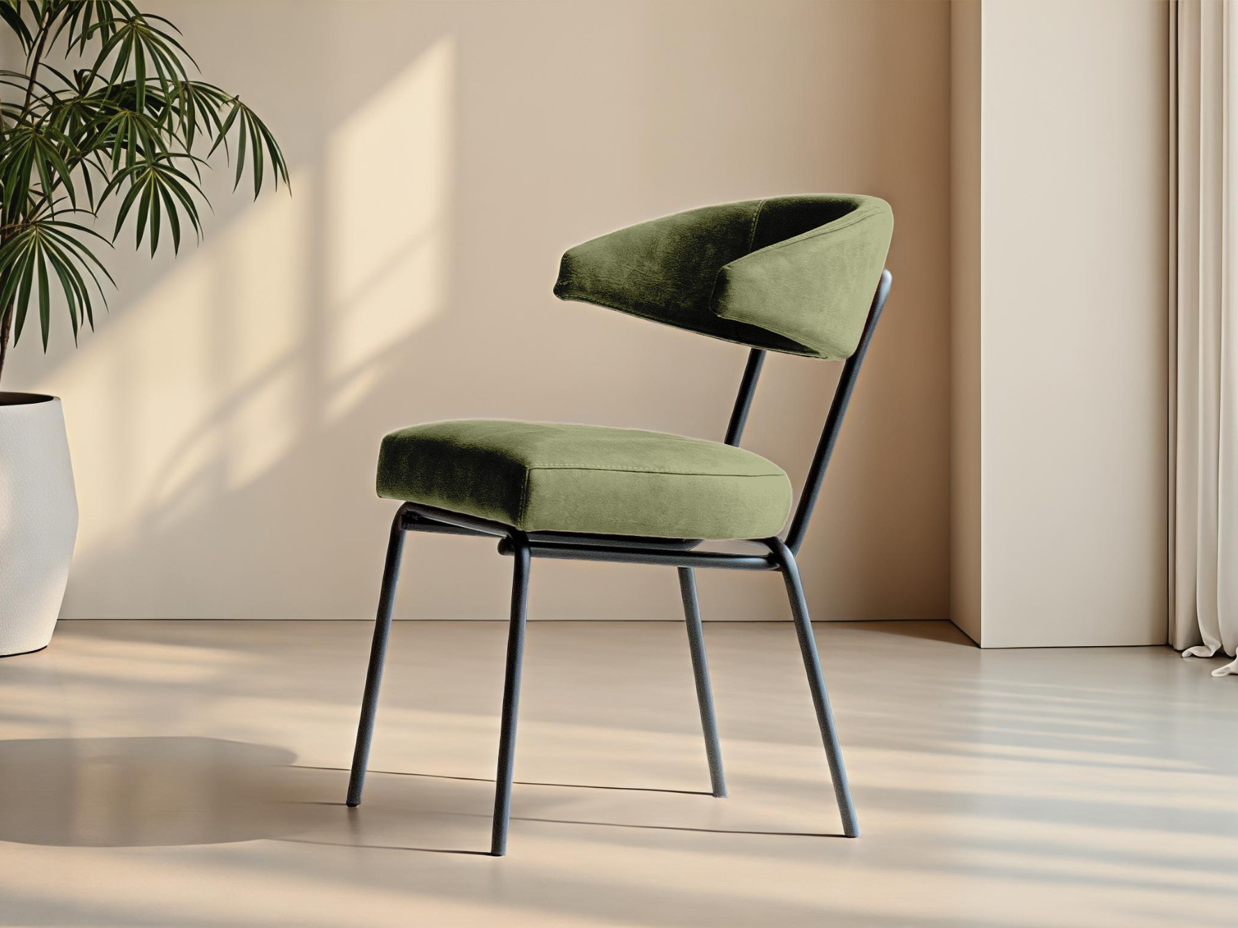 Comfortabele groene stoel met zachte zit en minimalistisch frame