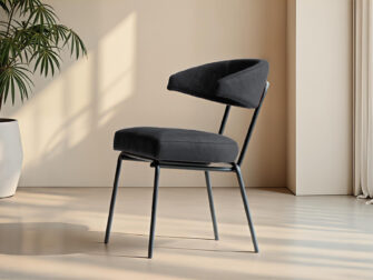 Moderne stoel in diepzwarte stof met rechte poten en open rugontwerp
