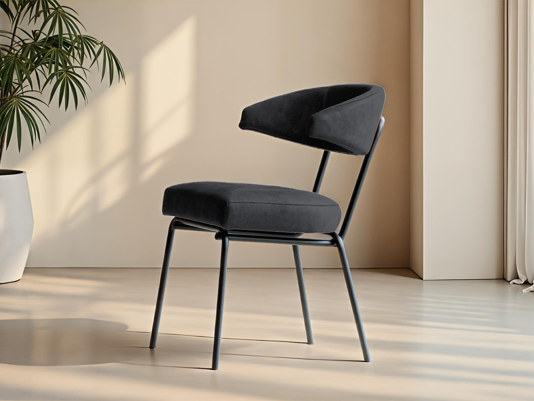 Moderne stoel in diepzwarte stof met rechte poten en open rugontwerp
