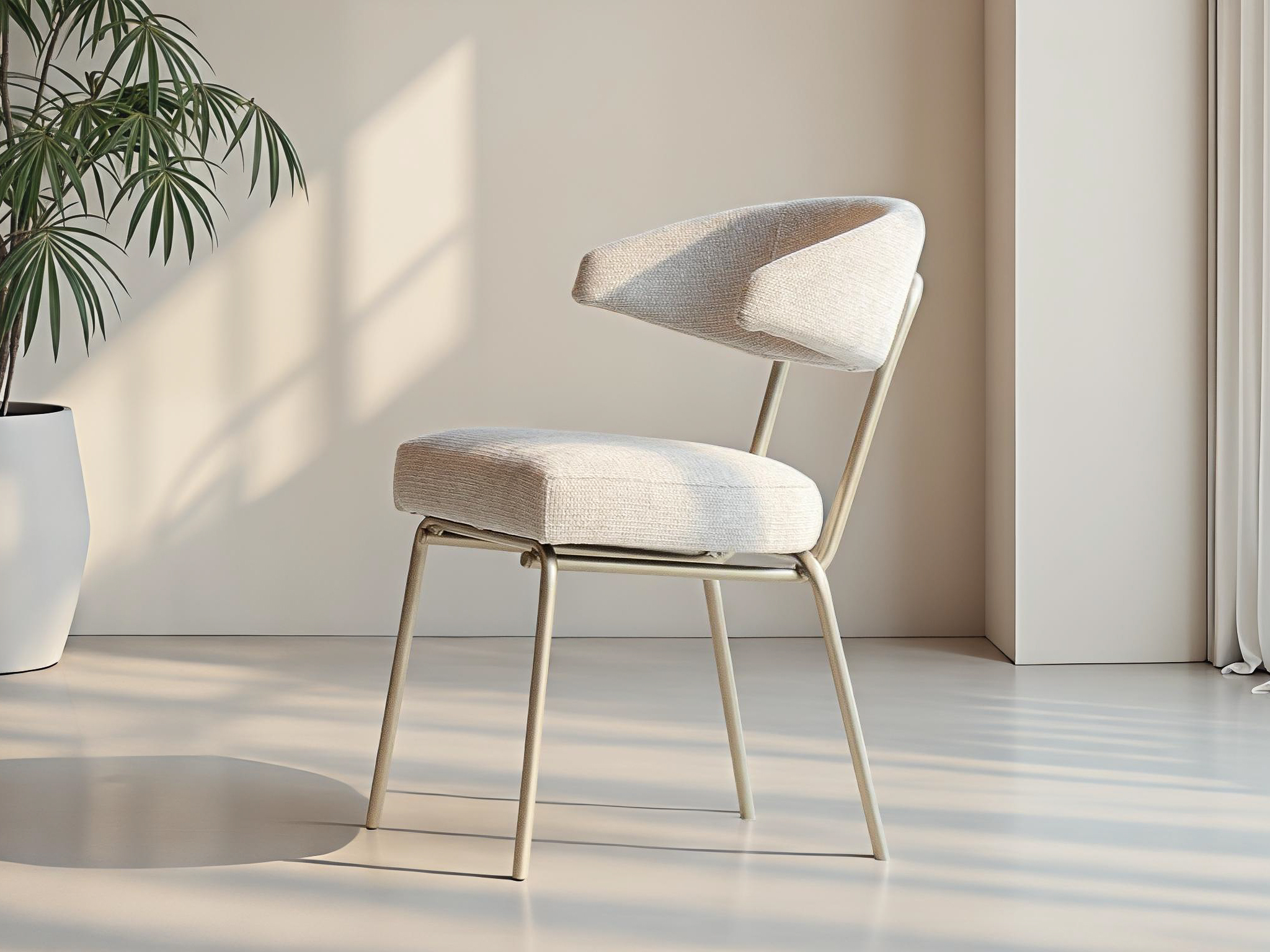 Beige eetkamerstoel met gebogen rugleuning en elegant champagne kleurige onderstel