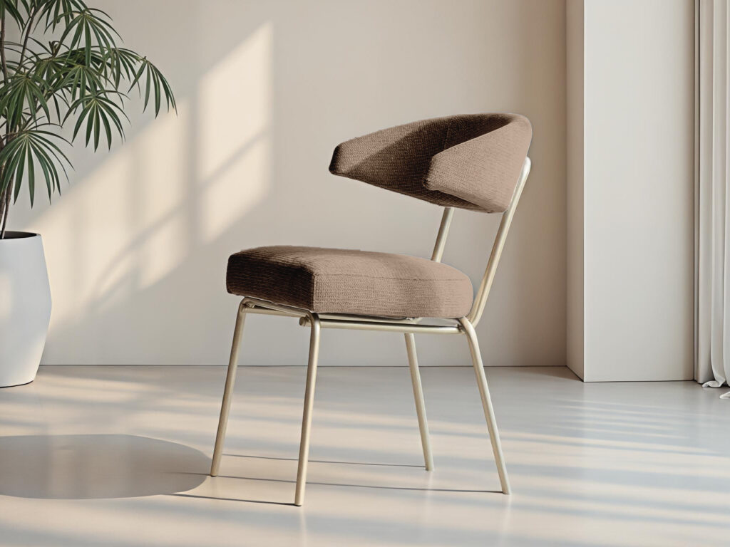 bruinkleurige eetkamerstoel met minimalistische vorm en metalen poten