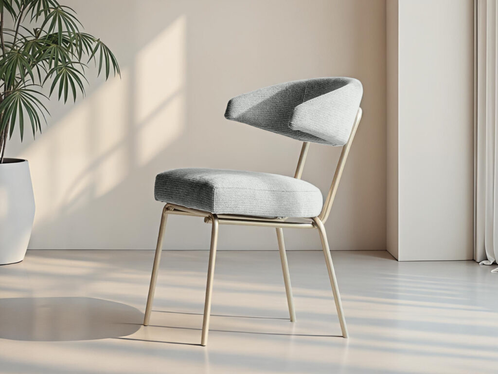 Zachtgrijze eetkamerstoel met gebogen rug en stijlvolle poten