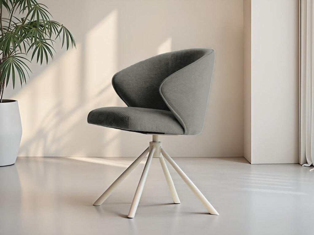 Grijze draaistoel met luxe stof en afgeronde rugleuning