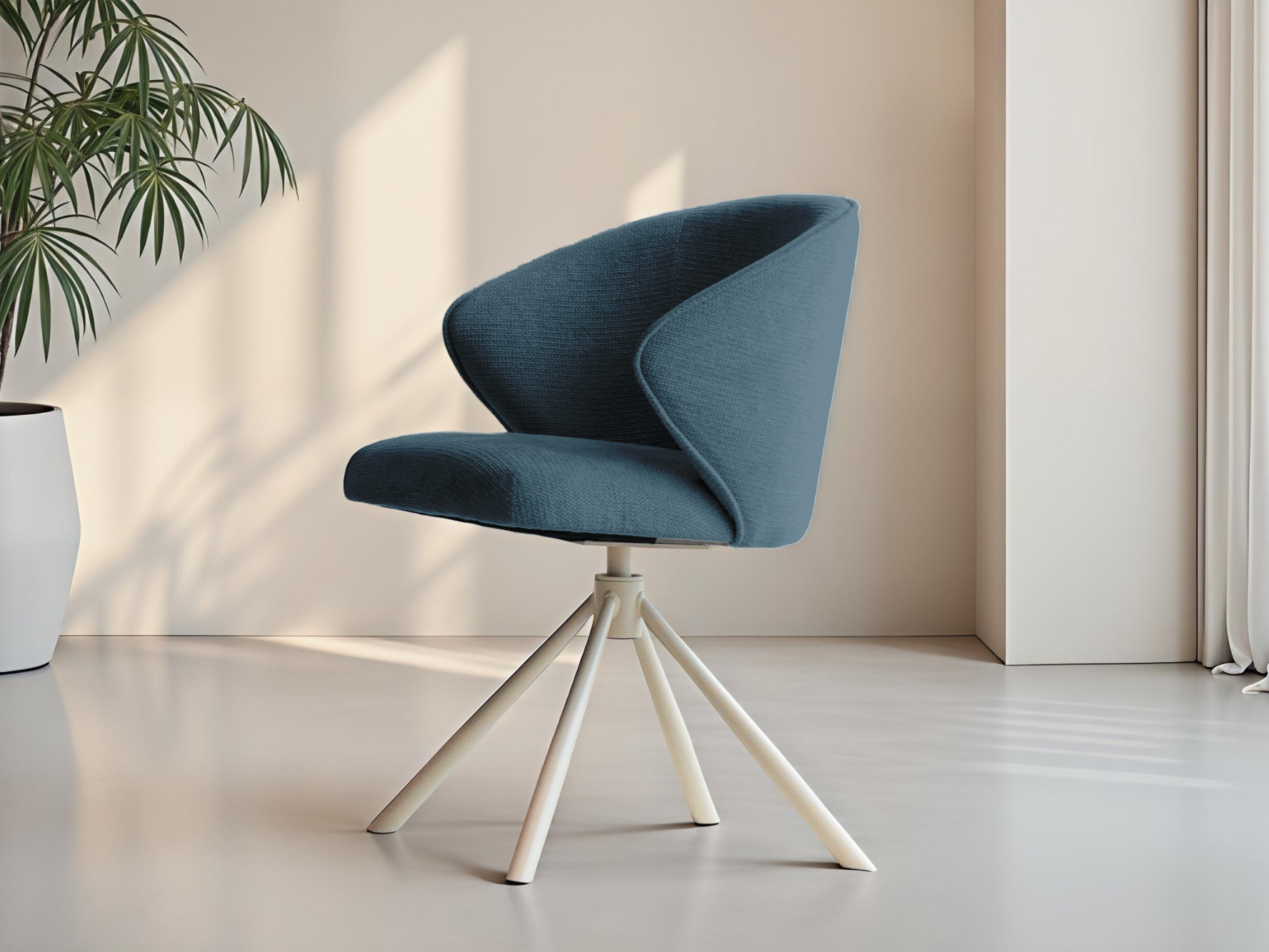 Eetkamerstoel in diepe nachtblauwe tint met moderne kruispoot