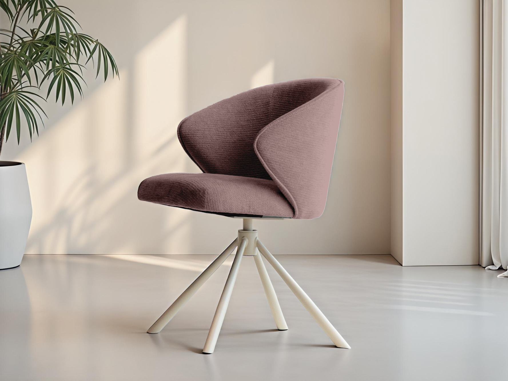 Eetkamerstoel met zachte paarsroze zitting en gekleurde metalen basis