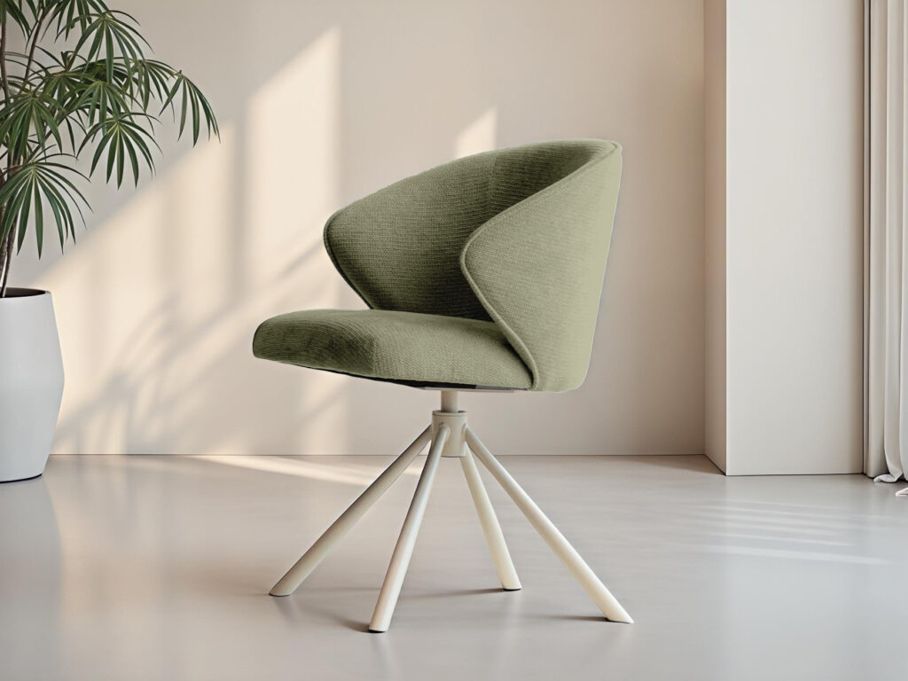 Saliegroene eetstoel met stof bekleding en uitnodigend zitcomfort