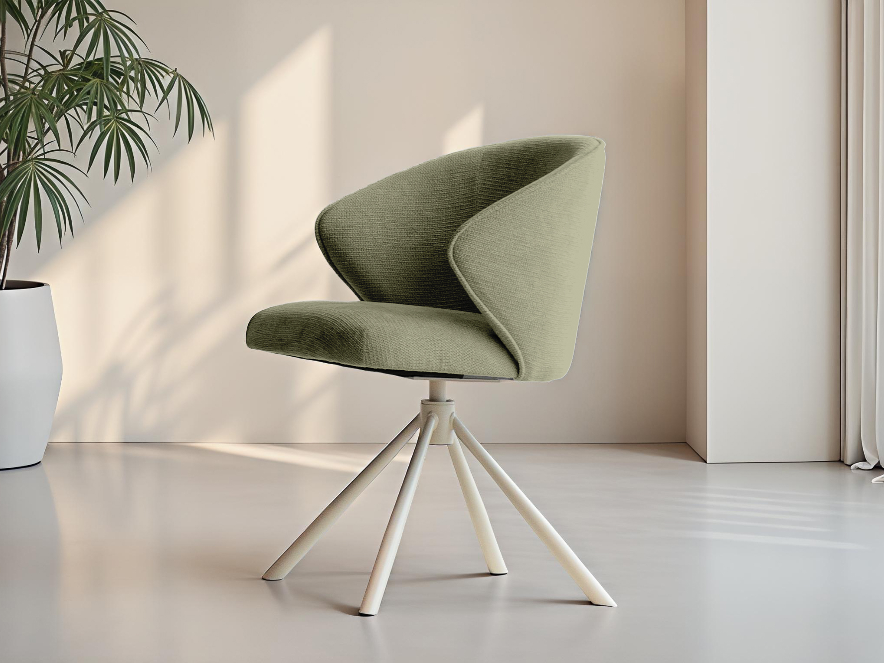 Saliegroene eetstoel met stof bekleding en uitnodigend zitcomfort