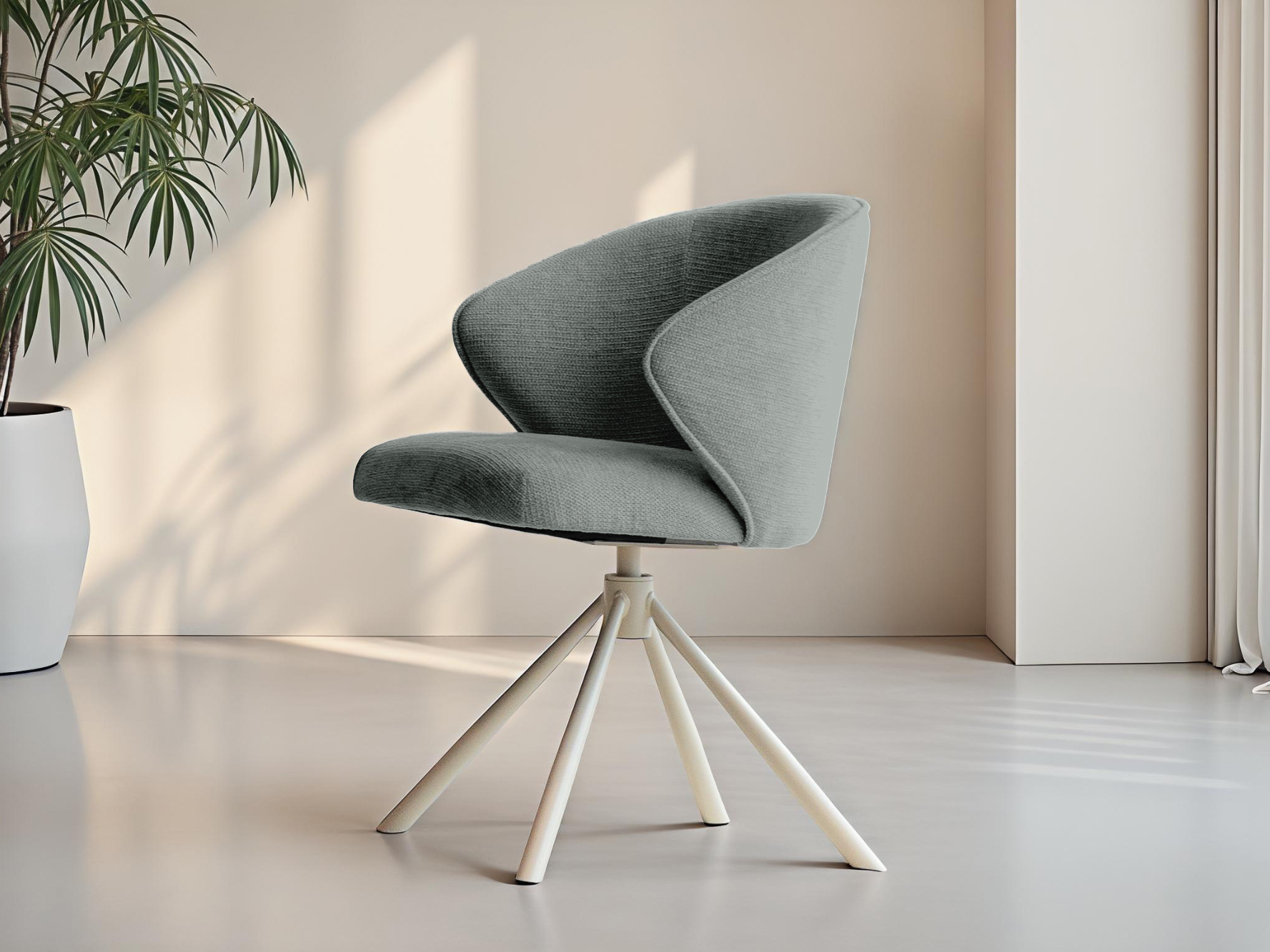 Zachtgrijze eetkamerstoel met ronde rug en stijlvolle poten