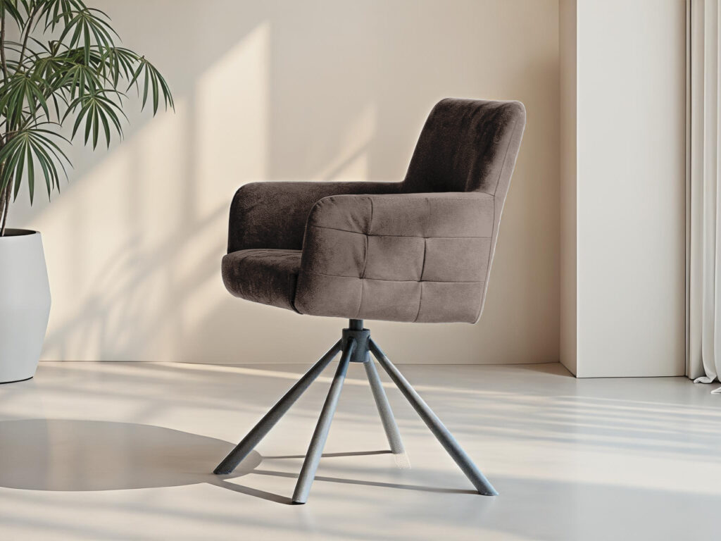 Donkerbruine eetkamerstoel met metalen kruisvoet