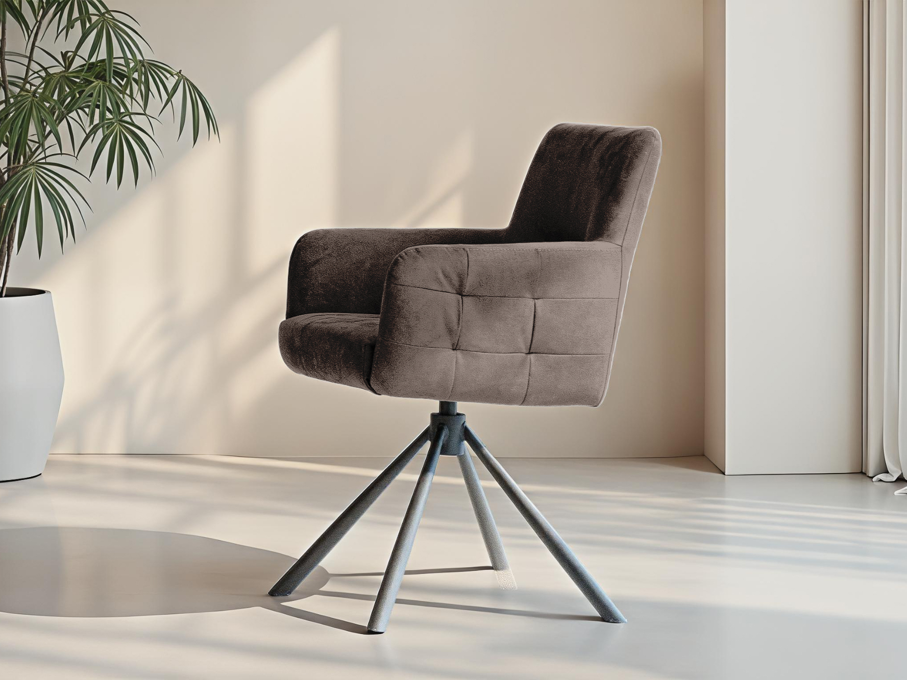 Donkerbruine eetkamerstoel met metalen kruisvoet