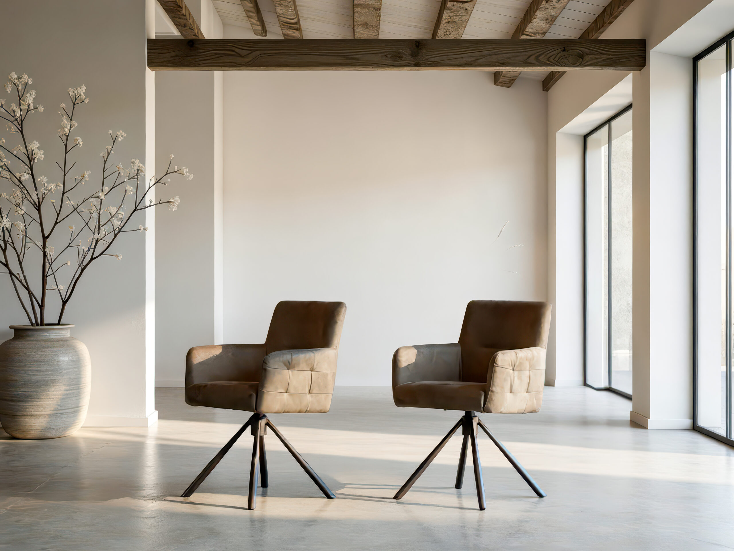 Grijs bruine eetkamerstoel met industrieel onderstel