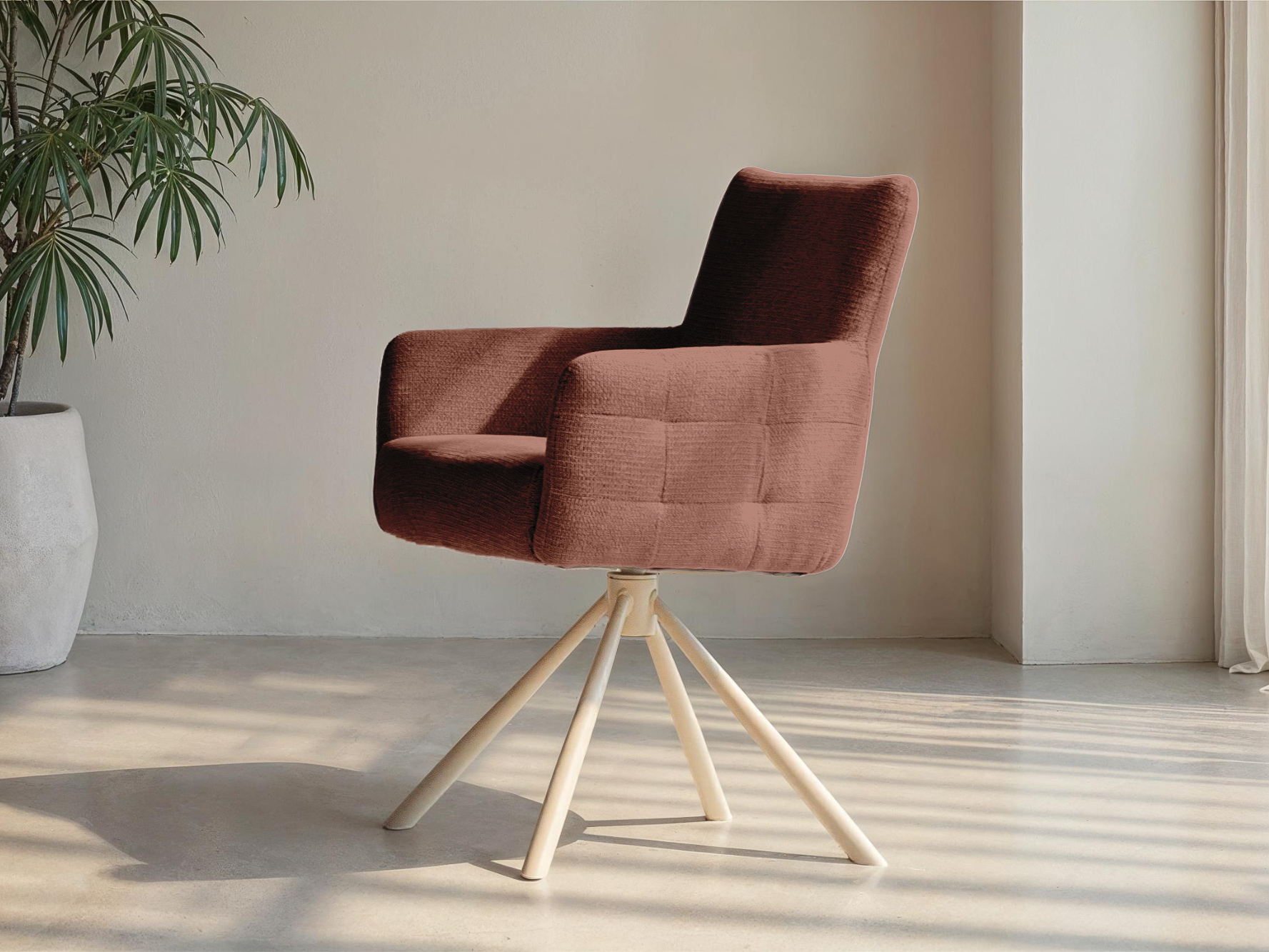 Moderne stoel met metalen onderstel in terra tinten