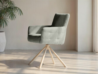 Eetkamerstoel Lamezi - mito dolphin - onderstel c - metaalkleur magnum Eetkamerstoel met zachte grijze bekleding en uniek onderstel