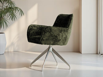 Eetkamerstoel Massimo - Eppic select tocco moss - onderstel r - metaalkleur champagne Eetkamerstoel met diepgroene teddy bekleding en draaibaar metalen onderstel