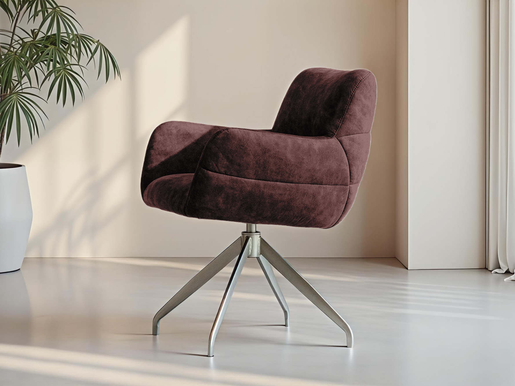 Eetkamerstoel met warmroze bekleding in een moderne stijl