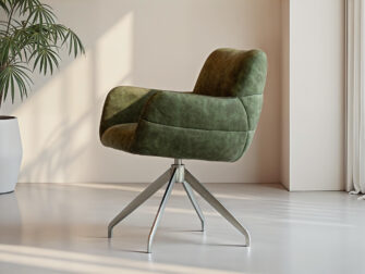 Eetkamerstoel Naxos - Eppic select country moss - onderstel r - metaalkleur champagne Mosgroene fluwelen eetkamerstoel met stevige zitting en draaivoet