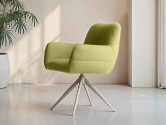 Eetkamerstoel Naxos - Eppic select moric lime - onderstel t - metaalkleur sunstone Eetkamerstoel met frisse groene bekleding en minimalistische uitstraling