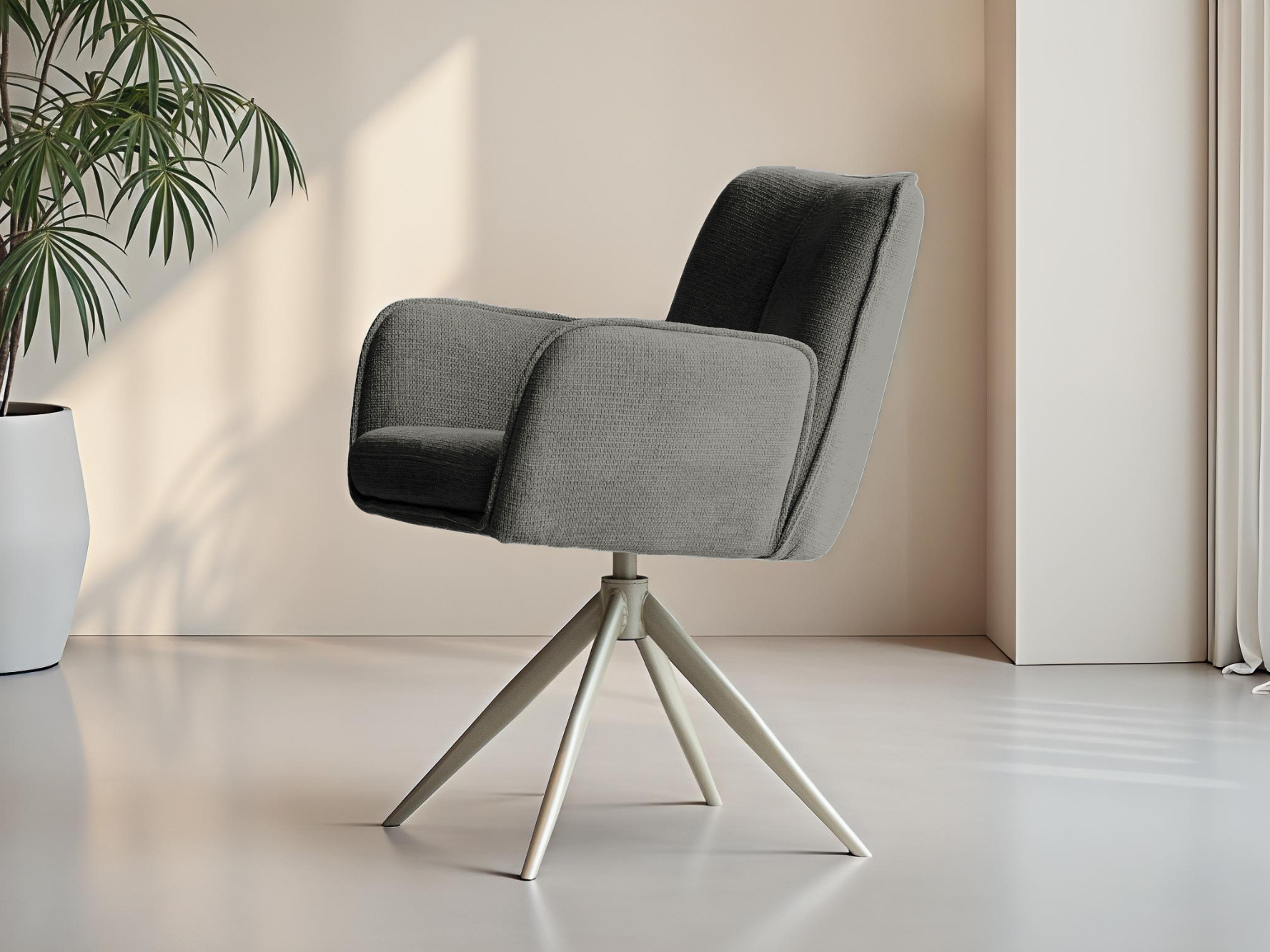 Grijze eetkamerstoel met een stevige draaibare pootconstructie