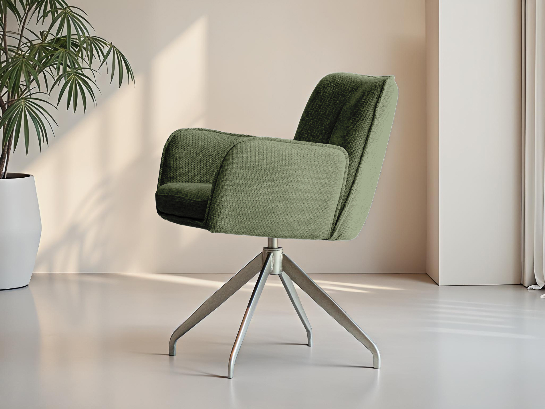 Saliegroene eetstoel met fluwelen bekleding en uitnodigend zitcomfort