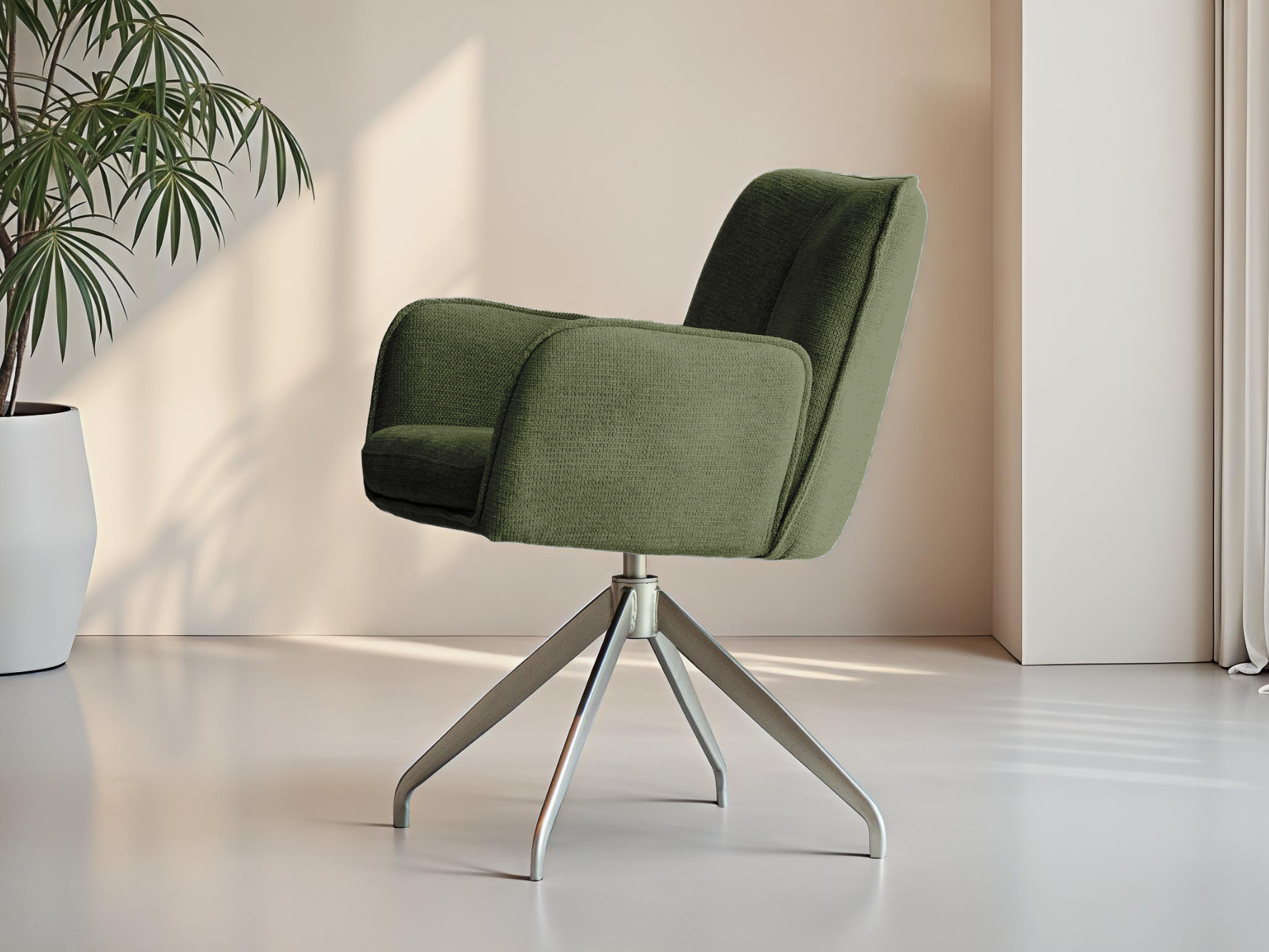 Donkergroene eetkamerstoel met strakke belijning en moderne uitstraling