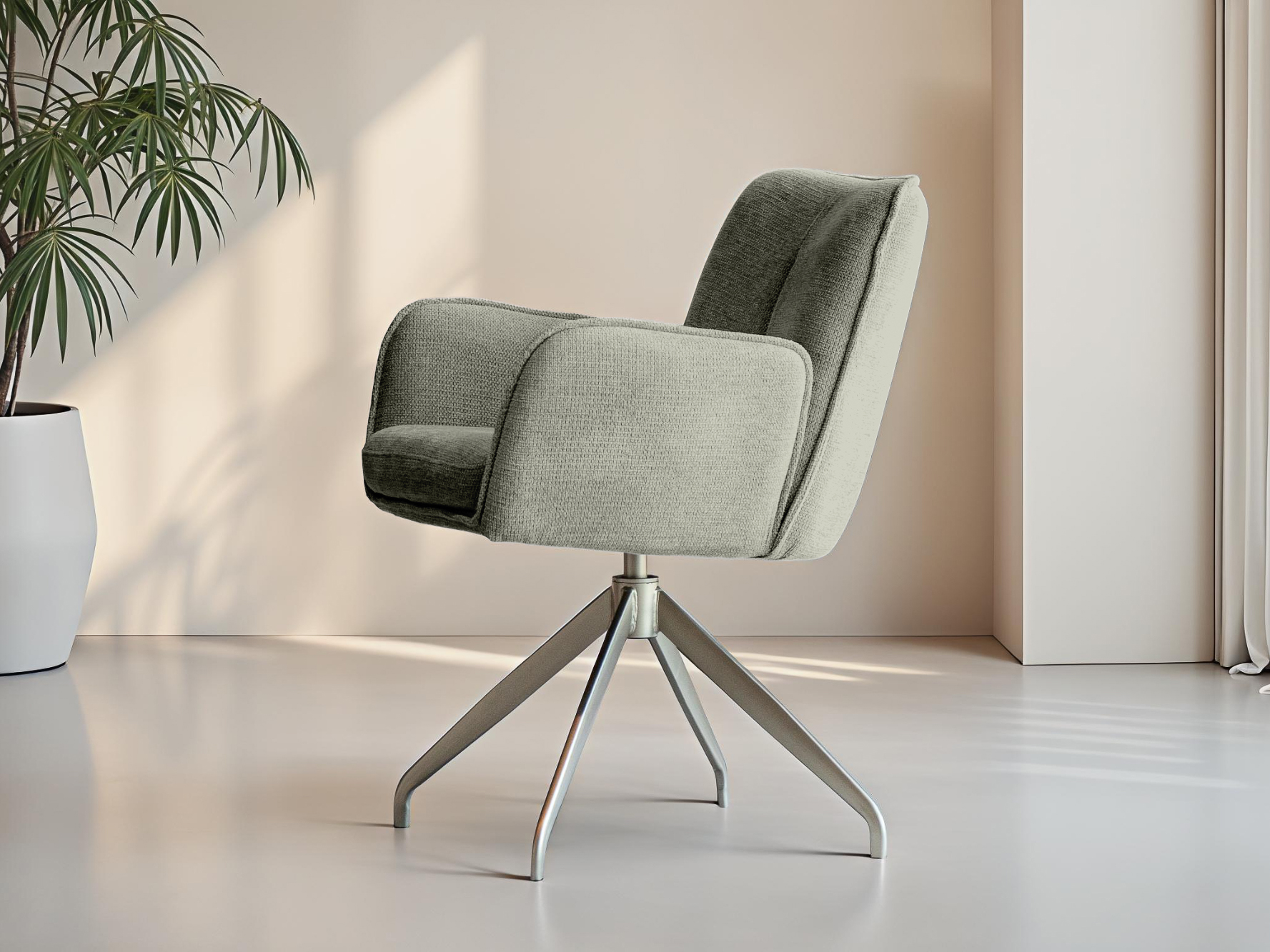 Grijze draaistoel met luxe stof en afgeronde rugleuning