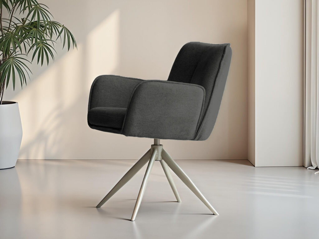 Zwarte eetkamerstoel met strakke lijnen en draaibaar onderstel