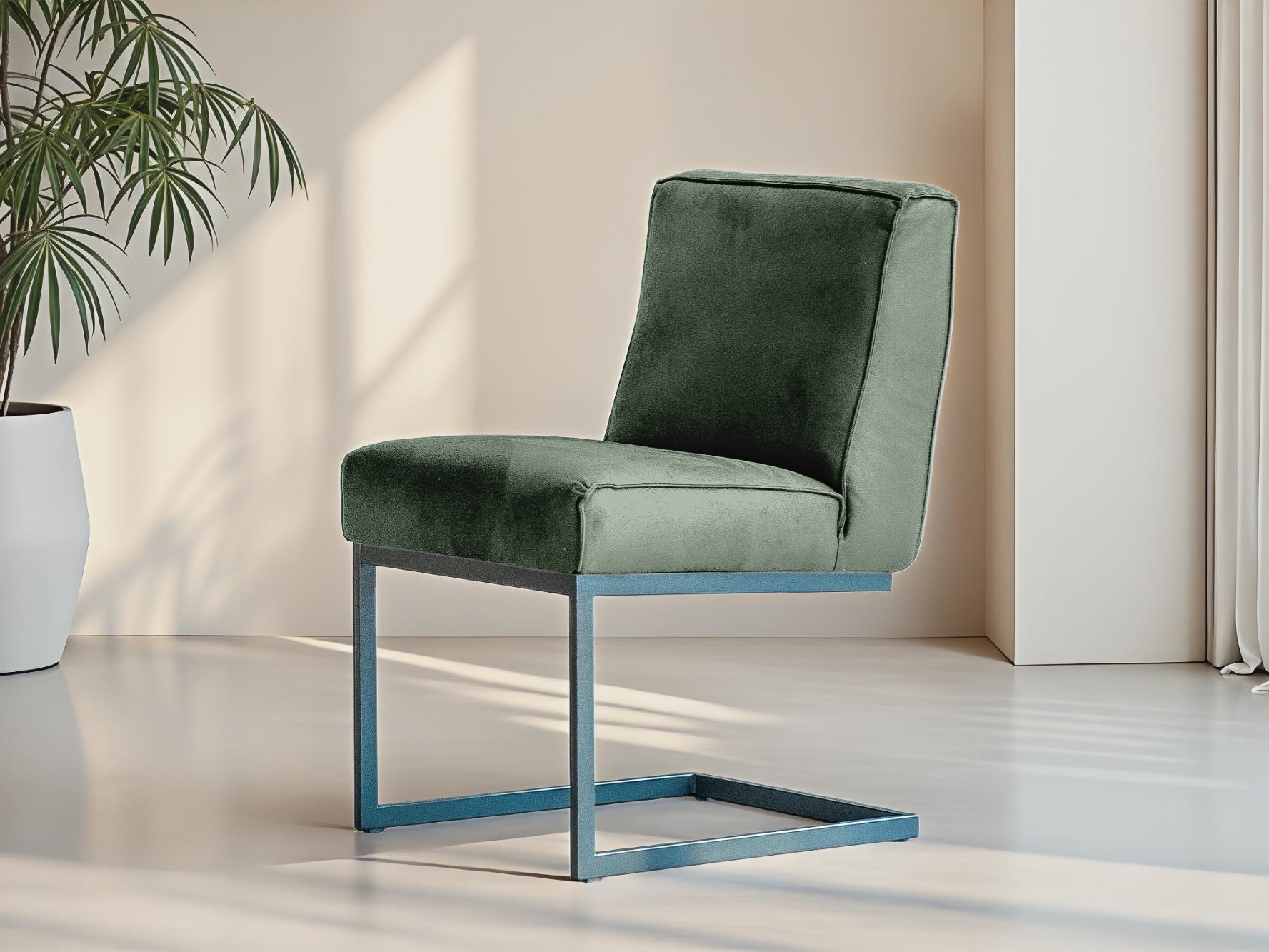 Lichtgroene eetkamerstoel met stoere sledepoot en comfortabele zitting