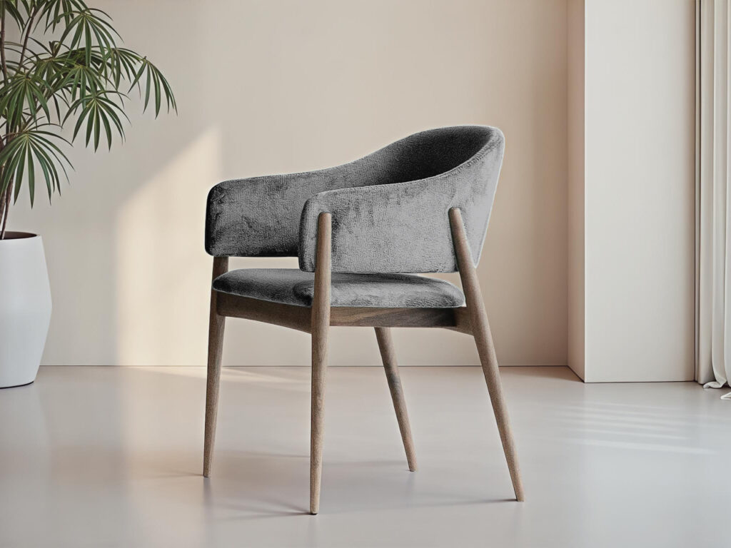 Comfortabele kuipstoel met open rug en walnootbruine houten frame