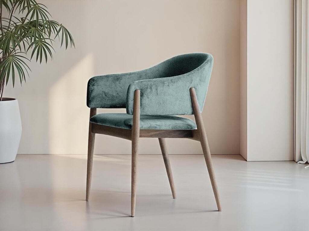 Scandinavische eetkamerstoel met open rugleuning en houten onderstel