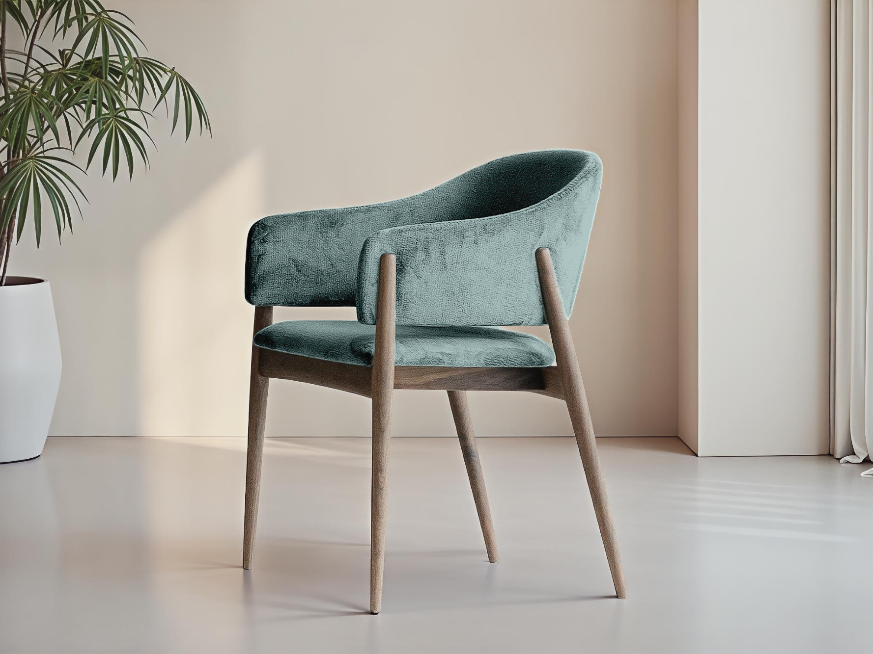 Scandinavische eetkamerstoel met open rugleuning en houten onderstel