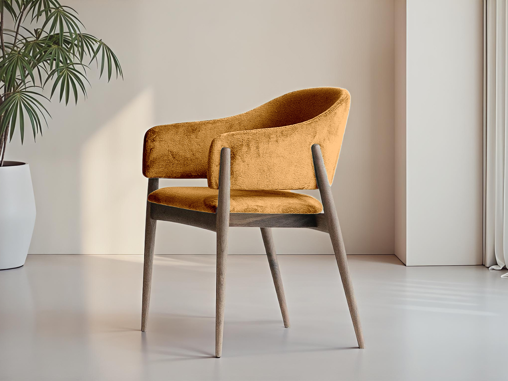 Design eetkamerstoel met open rug, kuipvorm en donkerbruine houten onderstel