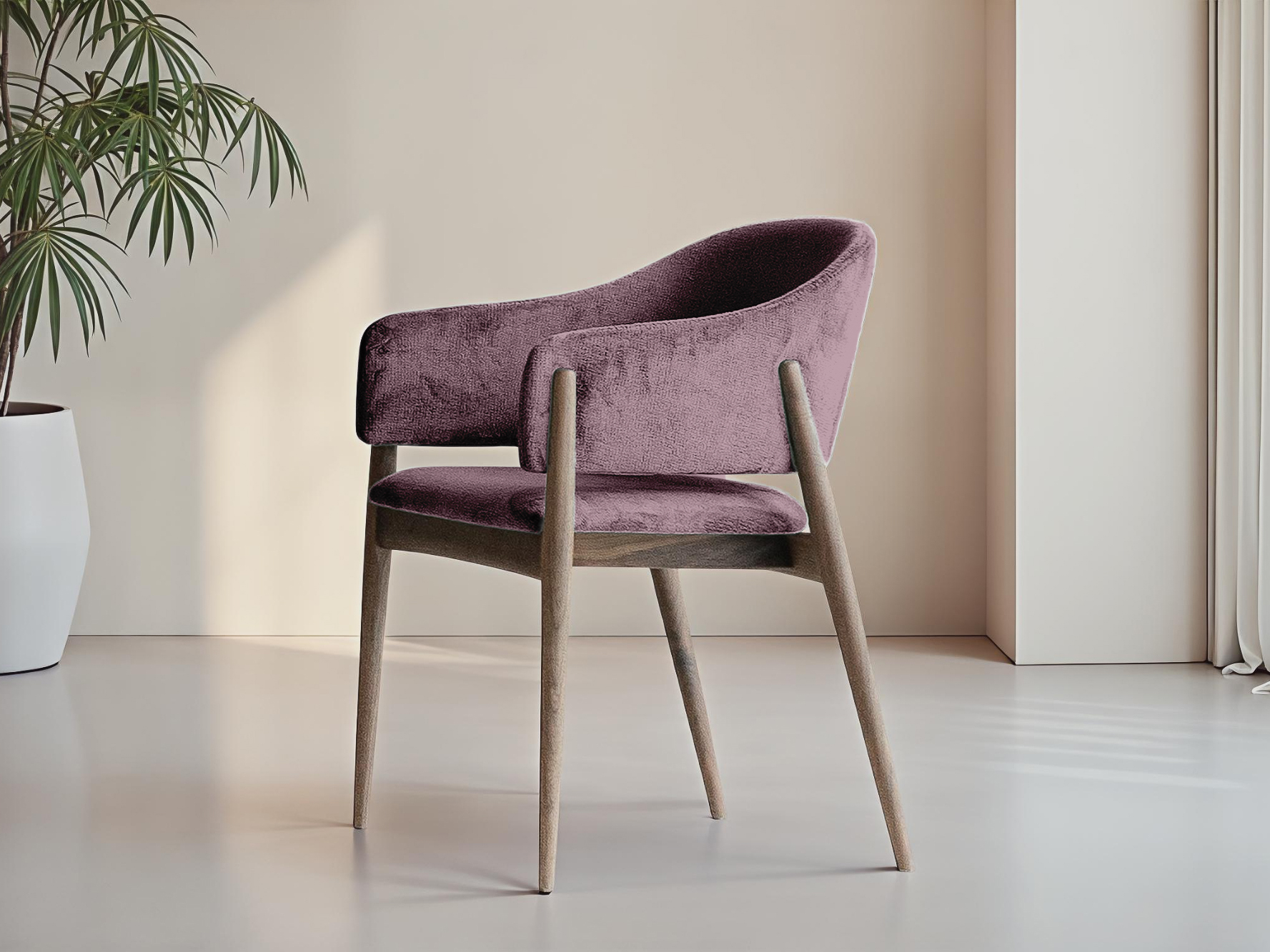 Chique eetkamerstoel met ronde kuipvorm en houten frame