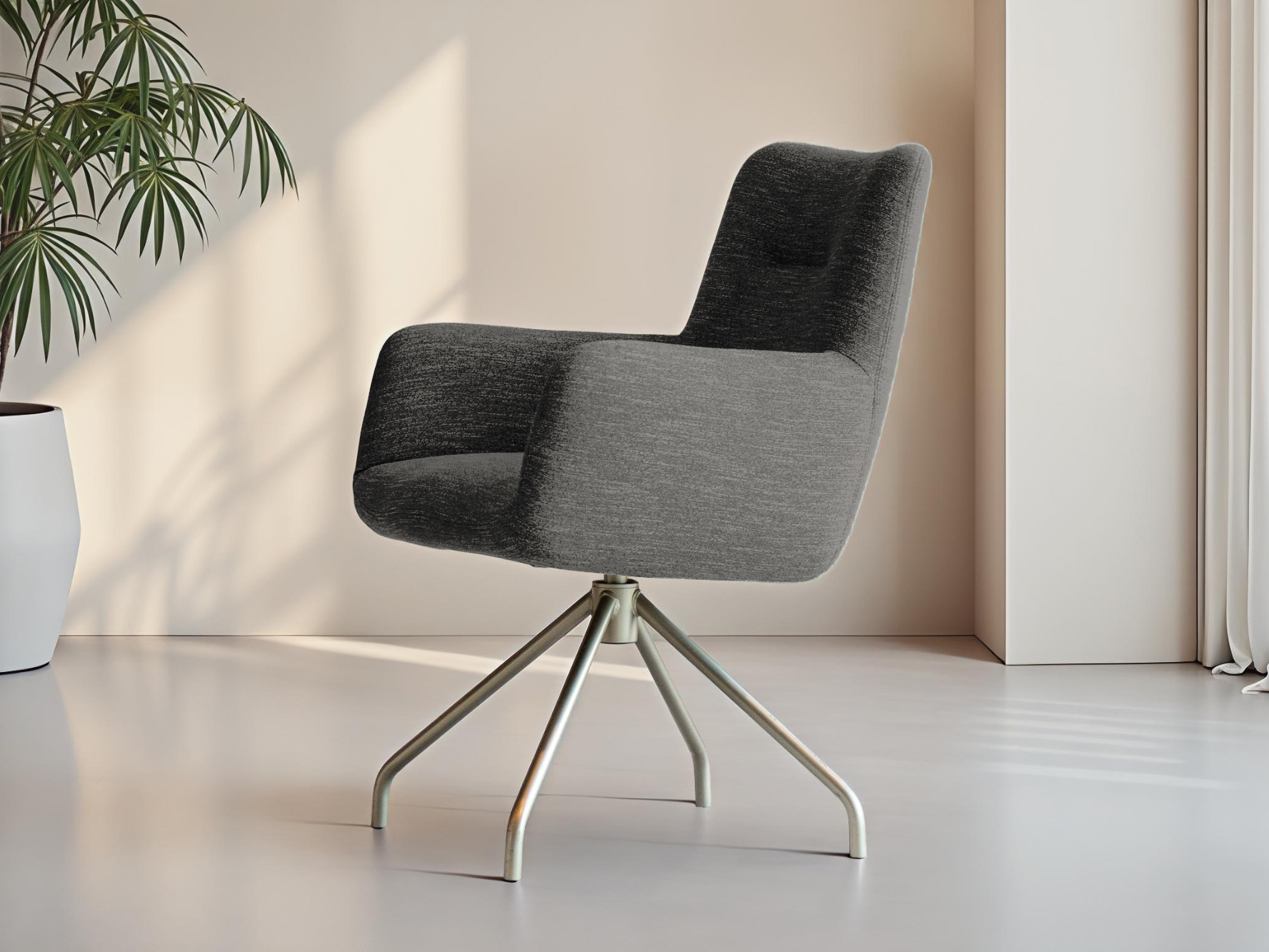 Licht zwart/grijze fluwelen eetkamerstoel met comfortabele zitvorm en hoge rug