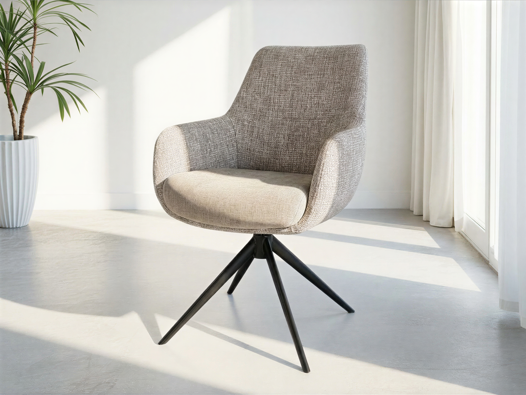 Beige stoel met zwart metalen onderstel