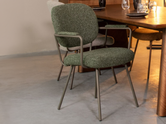 Eetkamerstoel Solis - forest - met arm - metaalkleur dark green Eetkamerstoel met armleuningen, groene Boucle bekleding en onderstel in donkergroen metaal