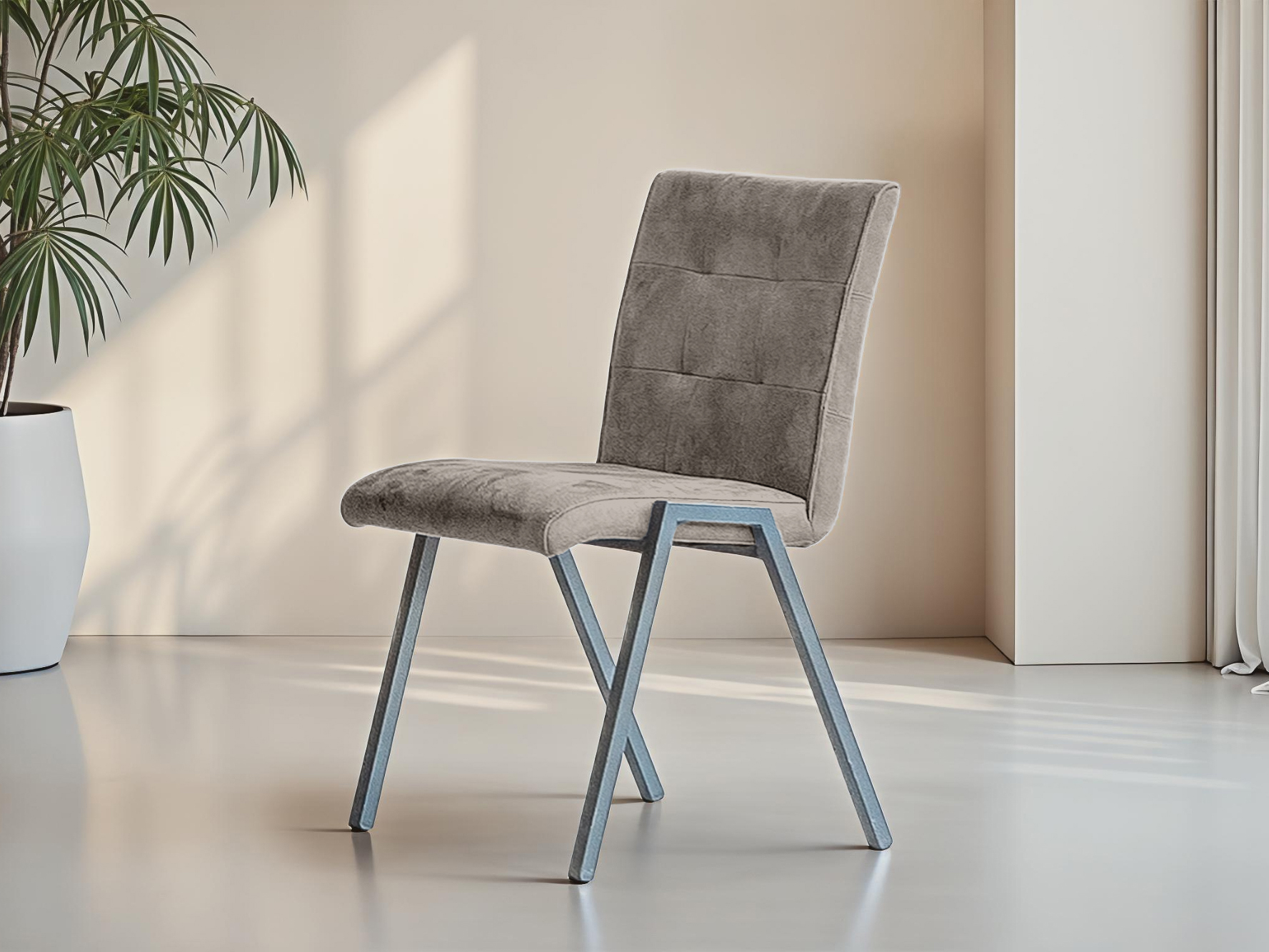 Grijze eetkamerstoel in moderne stijl met stevig zwart onderstel