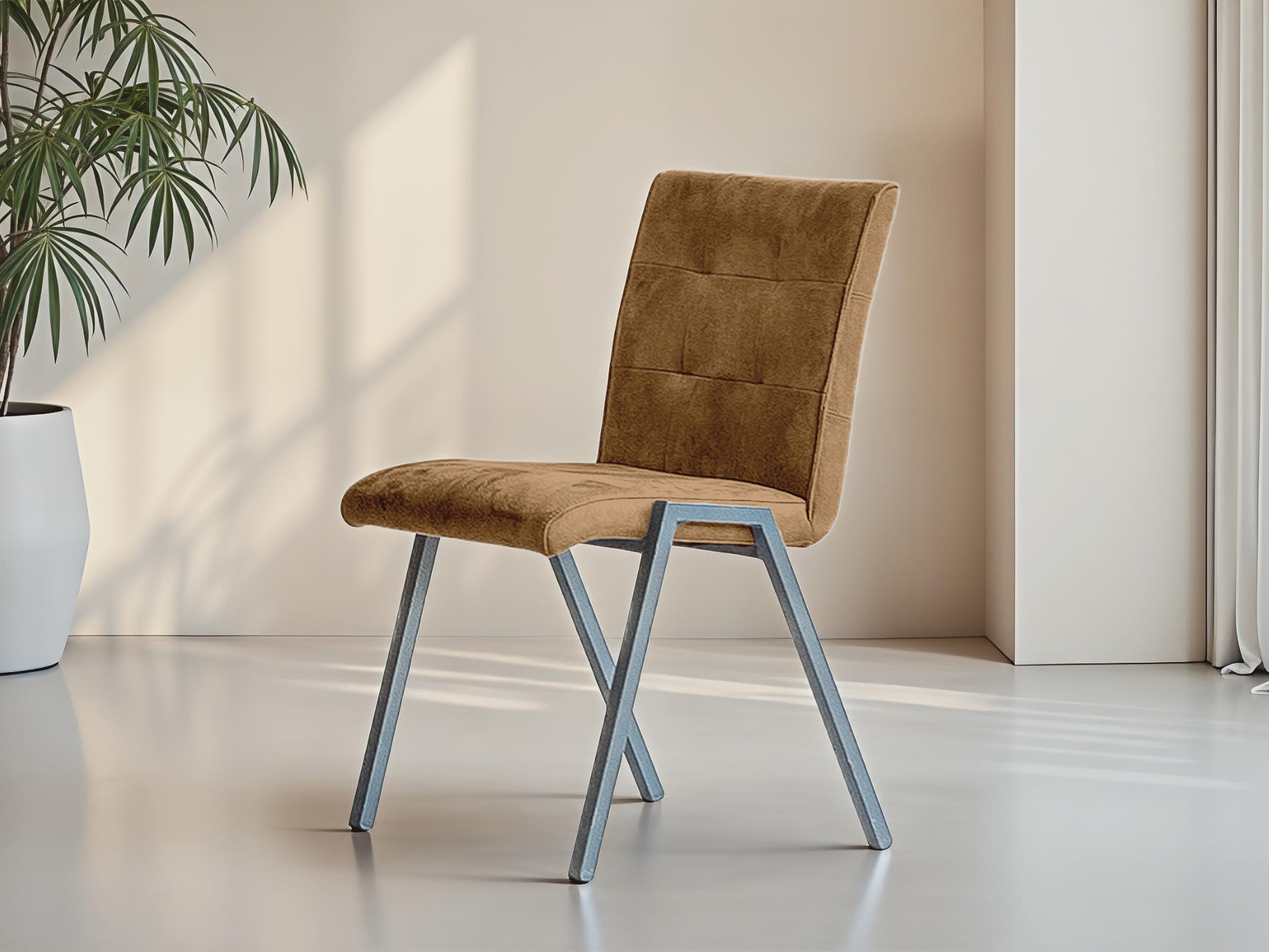 Stoere desert eetkamerstoel met robuust metalen frame en rechte lijnen