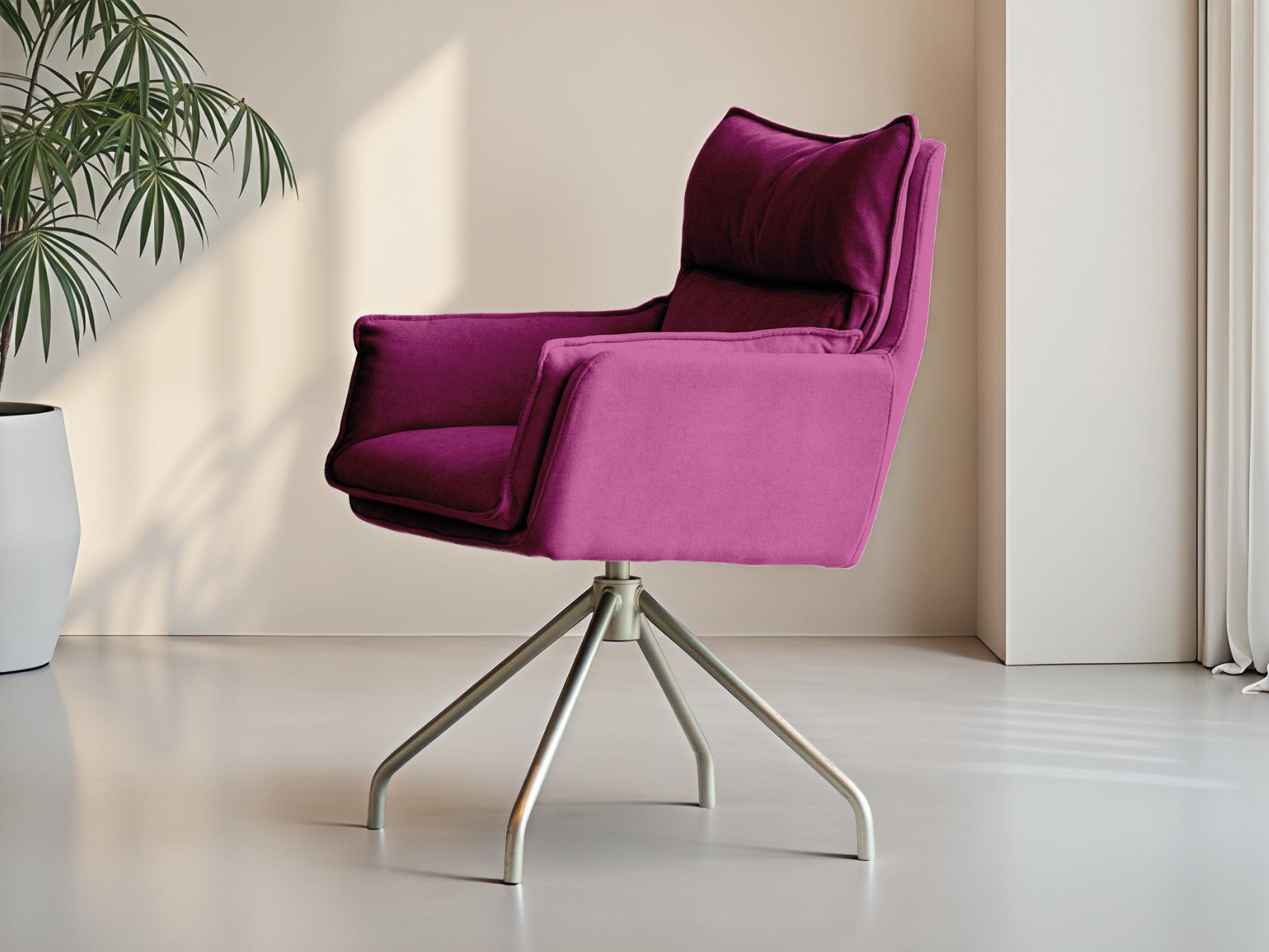 Dieproze eetkamerstoel met open armleuningen en metalen poot