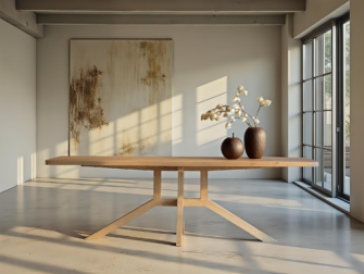 Tafel Bolzano - 240x100cm - afgeronde hoeken - ultra matte lak Massief eiken eettafel met kruispoot design en warme houtkleur