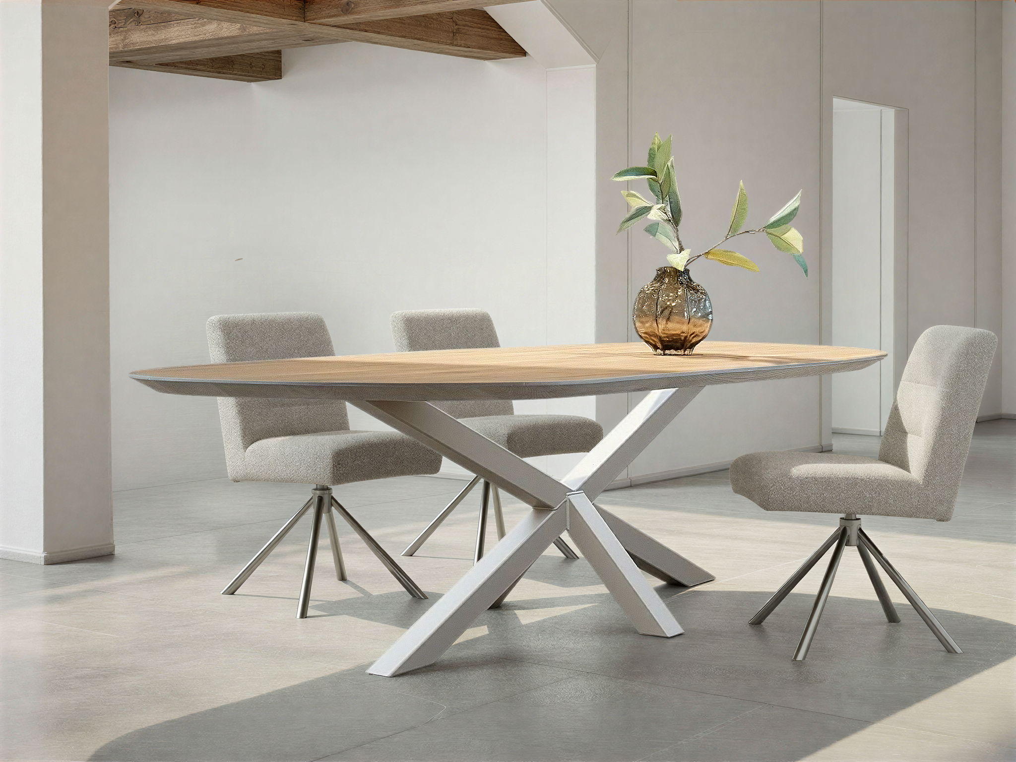Tafel Rivoli - kiwi - fresno - verjongd - metaalkleur RAL 1019 - met onze eetkamerstoelen Dempsey
