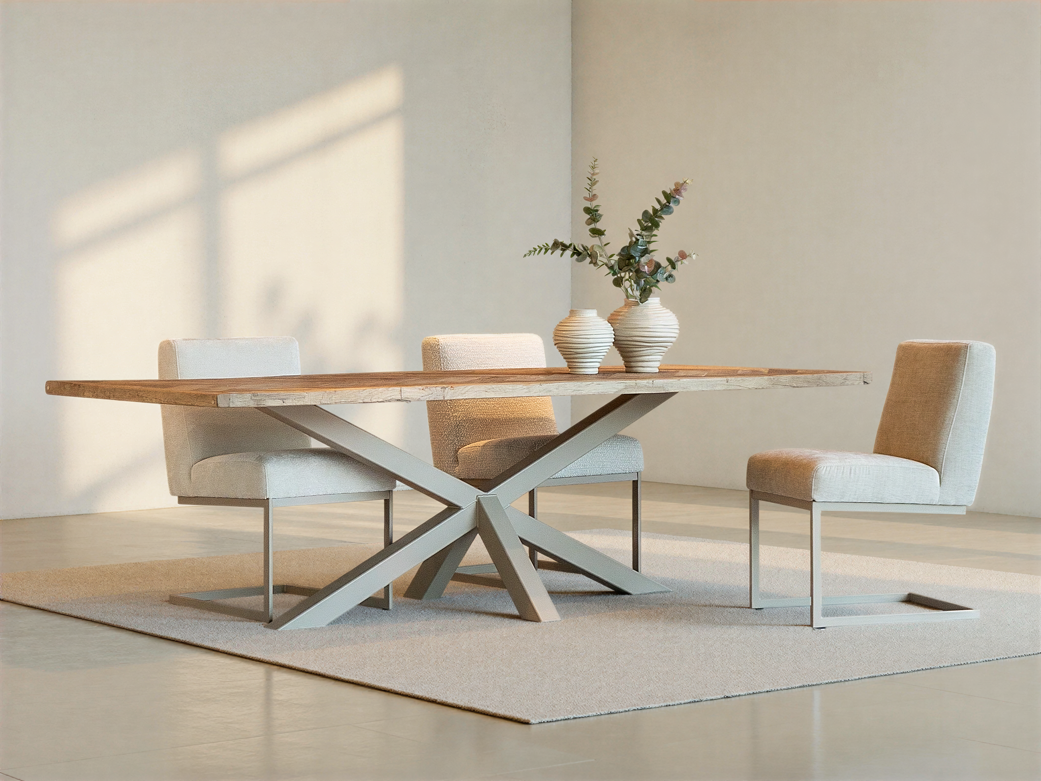 Tafel Tessera - 260x100cm - 1e laags oud eiken - onbehandeld - onderstel Rivoli - metaalkleur ral1019 - met onze eetkamerstoelen Pesara