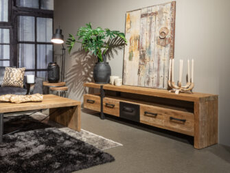 TV-meubel Canzano 190x45x55cm met onze salontafel Canzano teak houten tv-meubel met laden