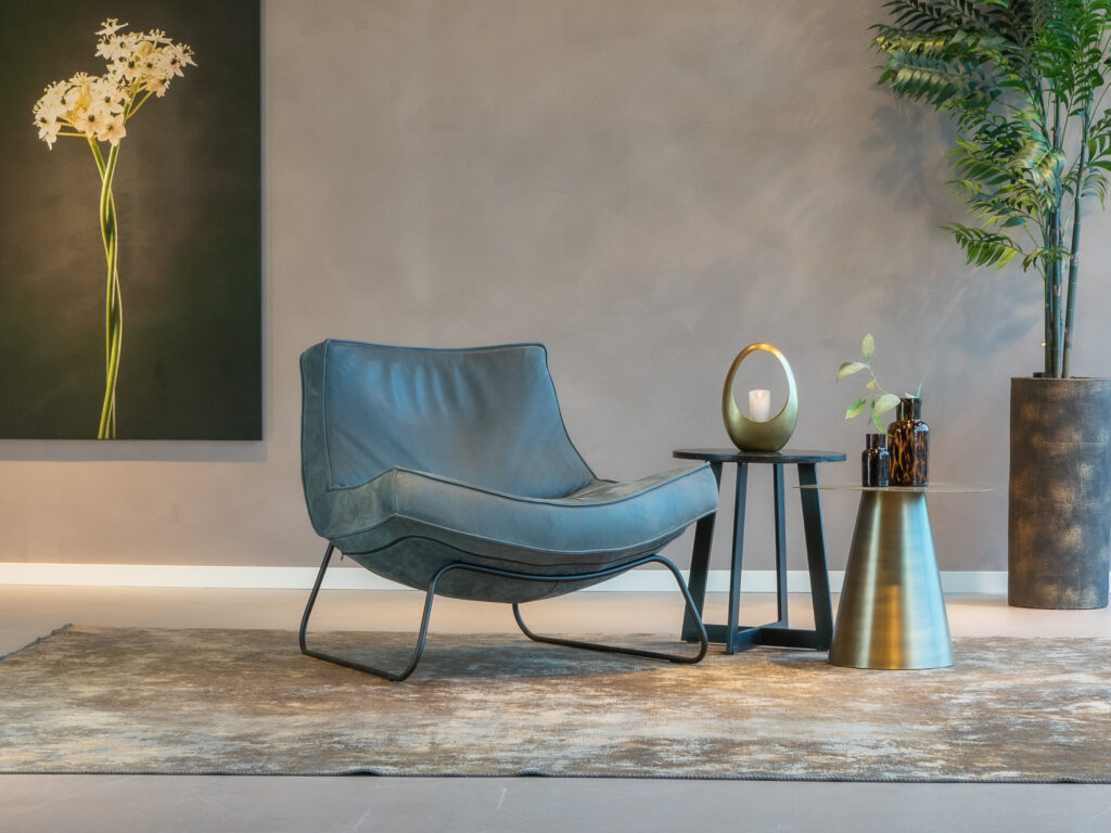 industrieel leren fauteuil denim