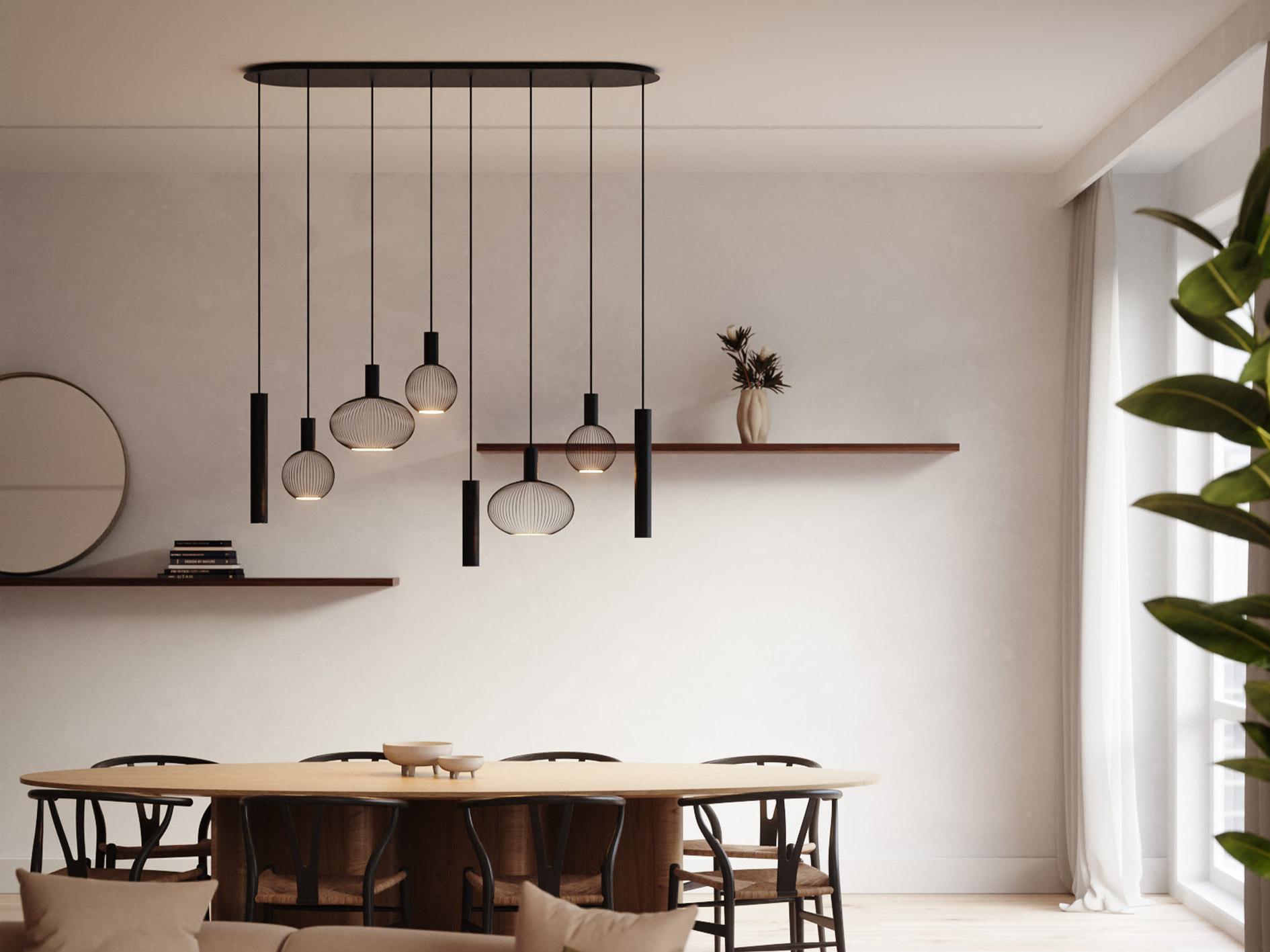 Hanglamp met verschillende hoogtes aan halfronde basis