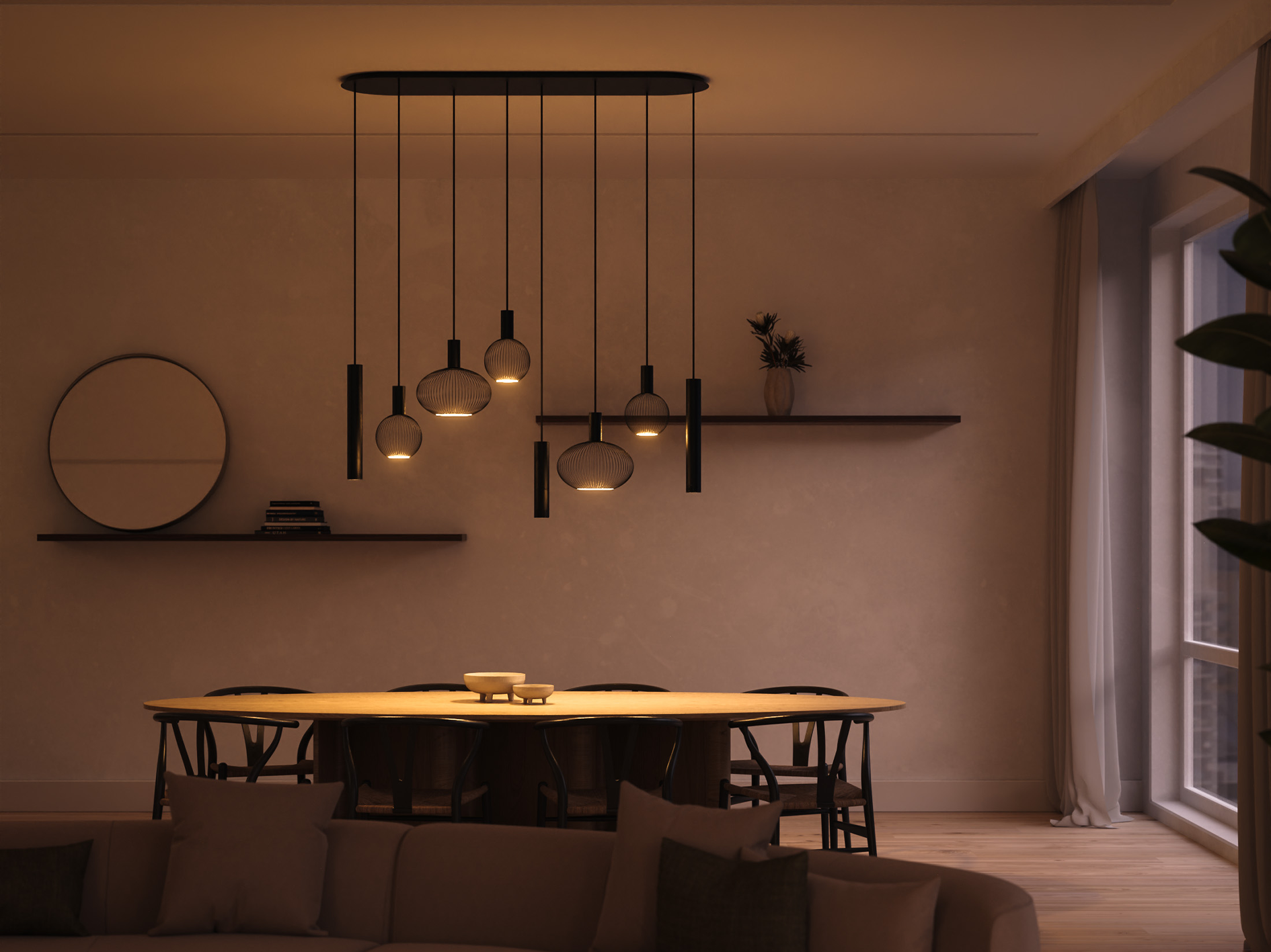 hanglamp met warme uitstraling en halve plafondplaat