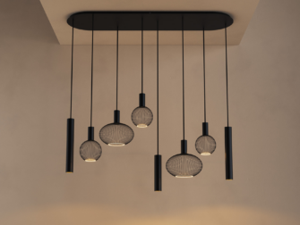 Design hanglamp met meerdere lichtpunten en halve ovale plafondplaat