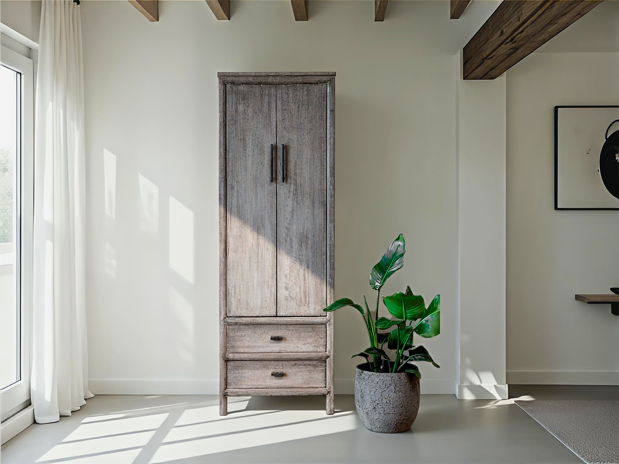 hoge kast vergrijsd tv-meubel met deuren en opbergruimte