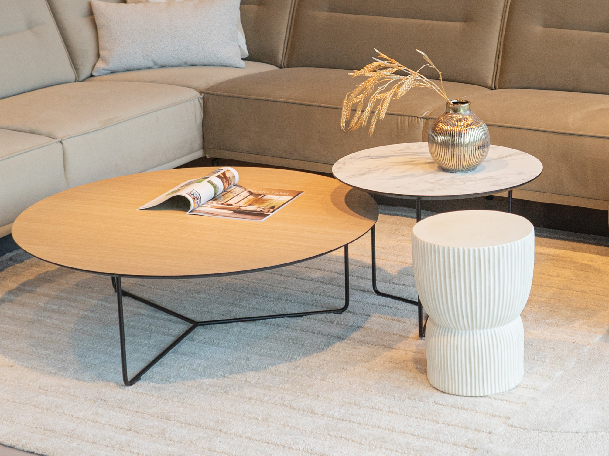 Salontafel Kivi - rond - 100x34cm - master oak light natural + 60x45cm - carrara frosted white