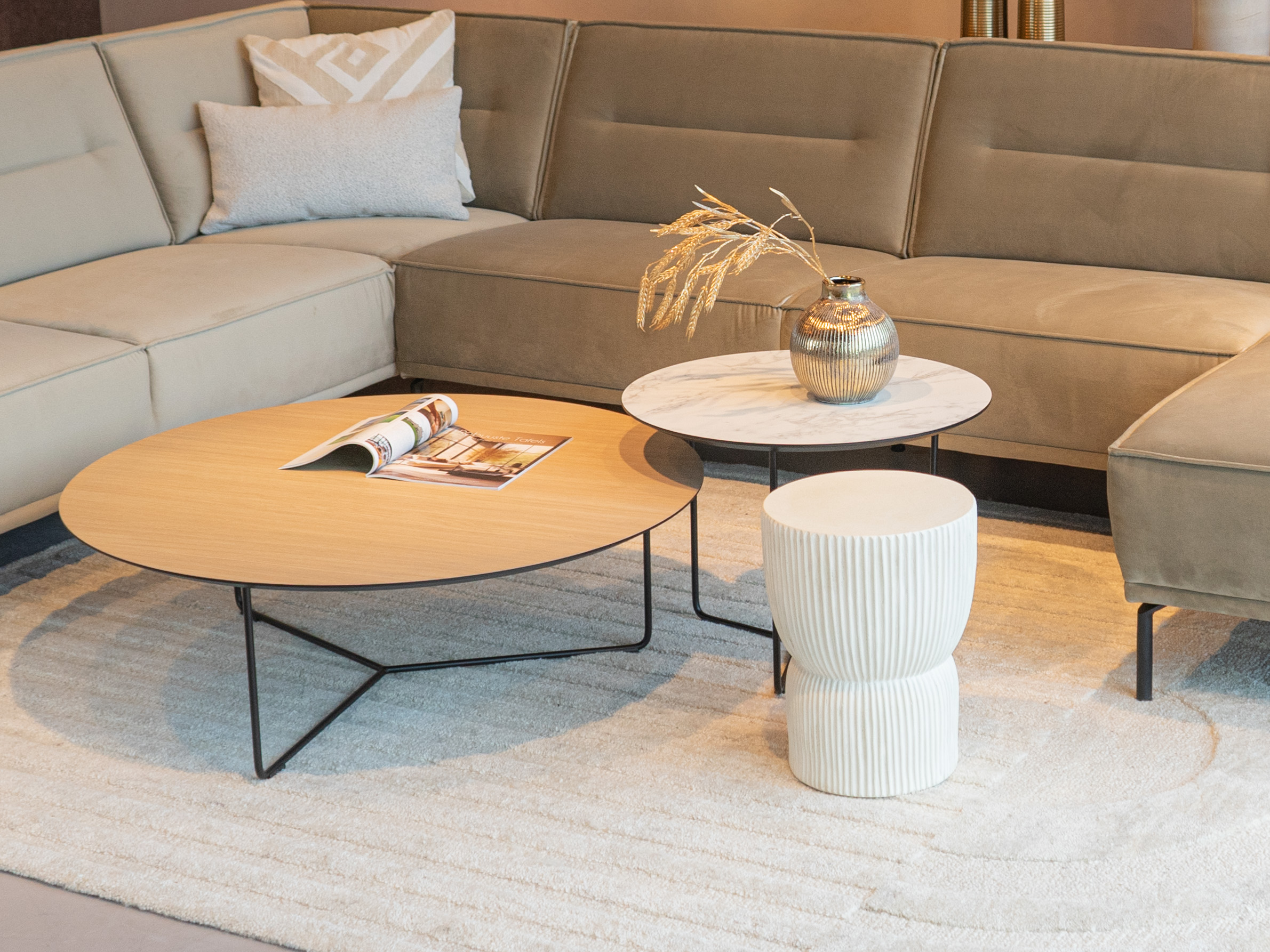 Salontafel Kivi - rond - 100x34cm - master oak light natural + 60x45cm - carrara frosted white