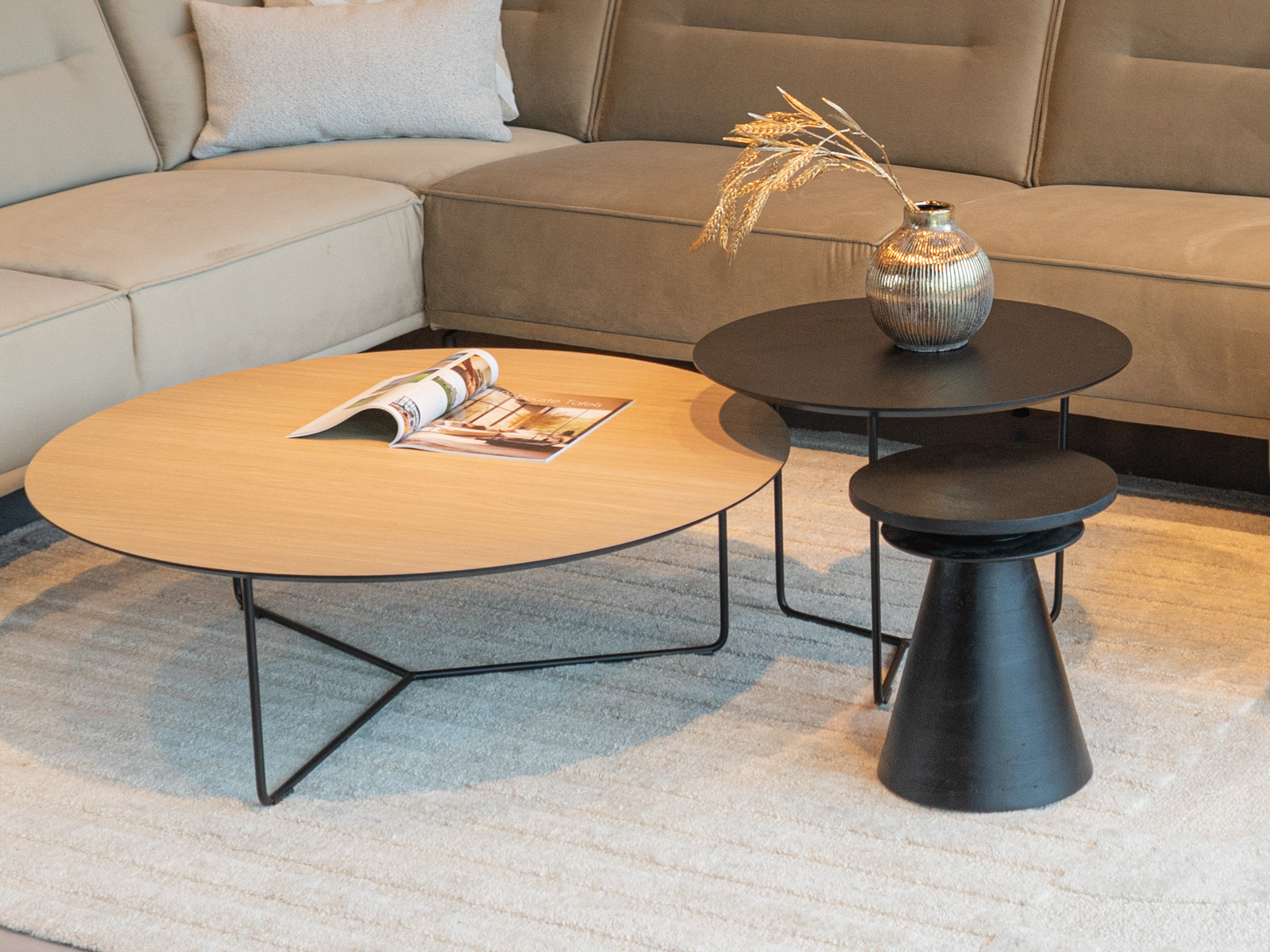 Salontafel Kivi - rond - 100x34cm - master oak light natural + 60x45cm - elegant black